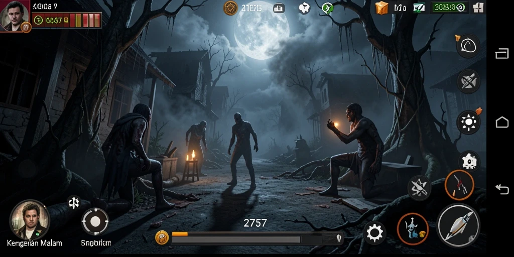 Tangkapan layar gameplay menyeramkan dari 2757 dengan suasana gelap dan mencekam.