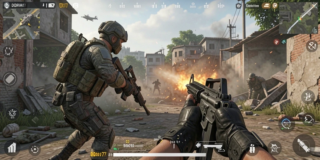Tampilan menegangkan dari gameplay DORA77 dengan aksi tembak-menembak.