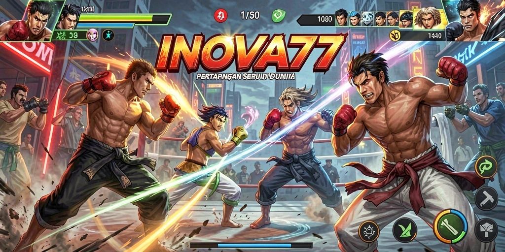 Tampilan seru pertarungan epic di INOVA77 dengan karakter petarung yang menakjubkan.