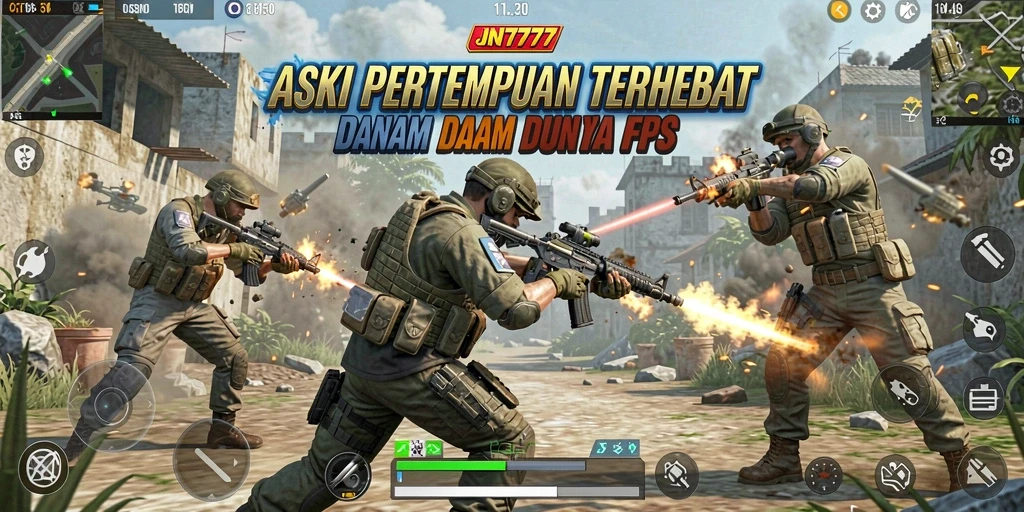 Tampilan utama gameplay JNT777 yang menegangkan dan penuh aksi FPS.