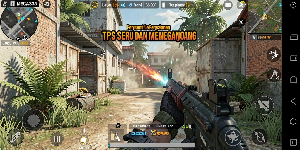 Screenshot gameplay MEGA338 menampilkan pertempuran seru di dunia TPS.