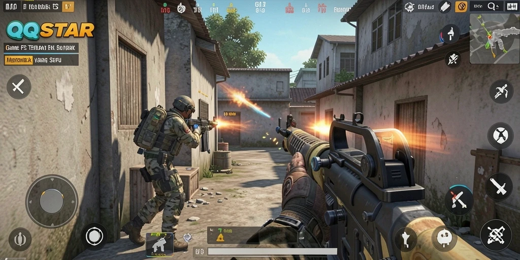 Tampilan gameplay menegangkan di QQSTAR dengan aksi tembak-menembak.
