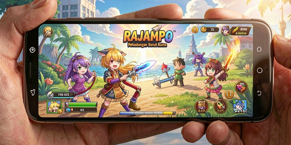 Screenshot gameplay RAJAMPO menampilkan pertarungan karakter anime.