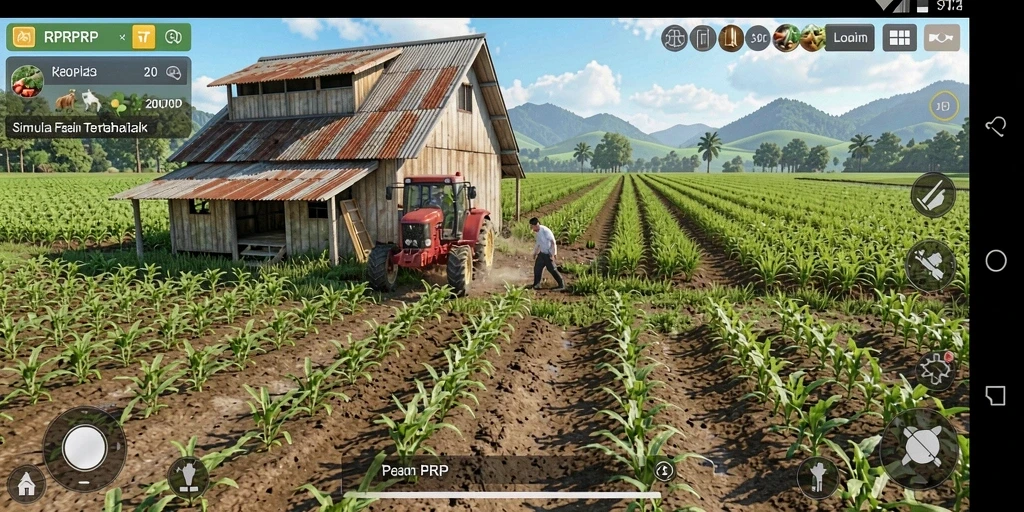 Tangkapan layar gameplay RPRPRP yang menunjukkan ladang pertanian yang indah.