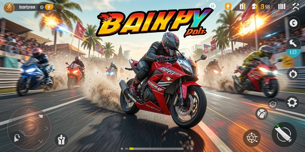 Screenshot utama RPYYY menampilkan aksi balap motor yang mendebarkan.