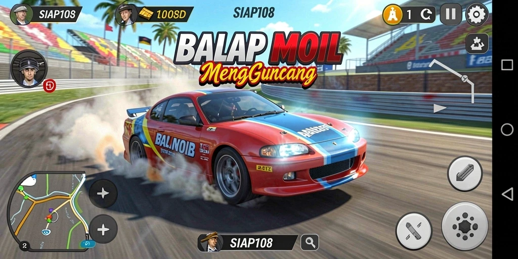 Screenshot gameplay menunjukkan aksi balap mobil yang mendebarkan.